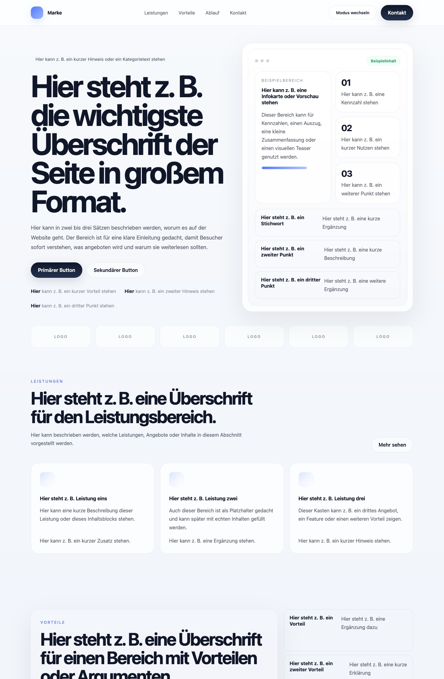 Website-Preview der Designrichtung Classic in heller und dunkler Variante